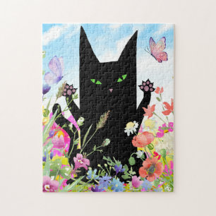 Schwarze Katzenspringeritis: Kitty und Blumen Puzzle