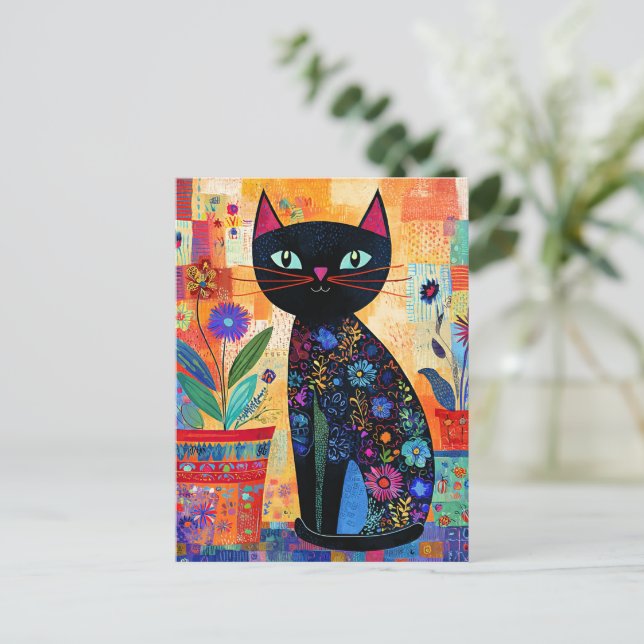 Schwarze Katzenvolkskunst Postkarte (Stehend Vorderseite)