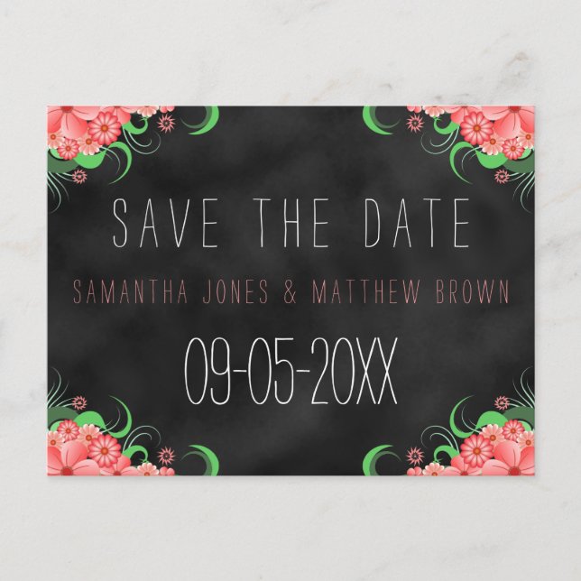 Schwarze Khalbrett Pink Floral Save the Date Karte (Vorderseite)