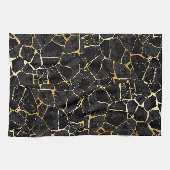 Schwarze Kintsugi-Goldader  Geschirrtuch (Horizontal)