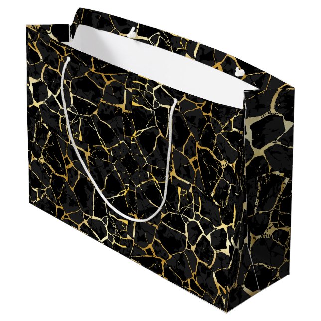 Schwarze Kintsugi-Goldader  Große Geschenktüte (Rückseite Schrägansicht)