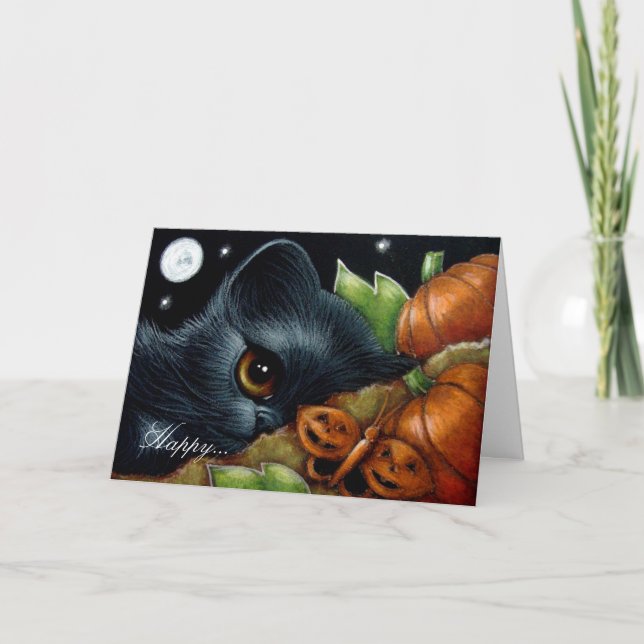 SCHWARZE KITTEN KATZE PUMPKIN-BUTTERFLY HALLOWEWEW KARTE (Vorderseite)