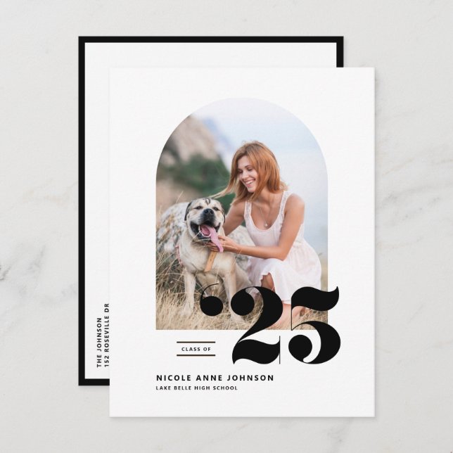 Schwarze Klasse des Arch-Foto-Abschlusses 2025 Einladungspostkarte (Vorne/Hinten)