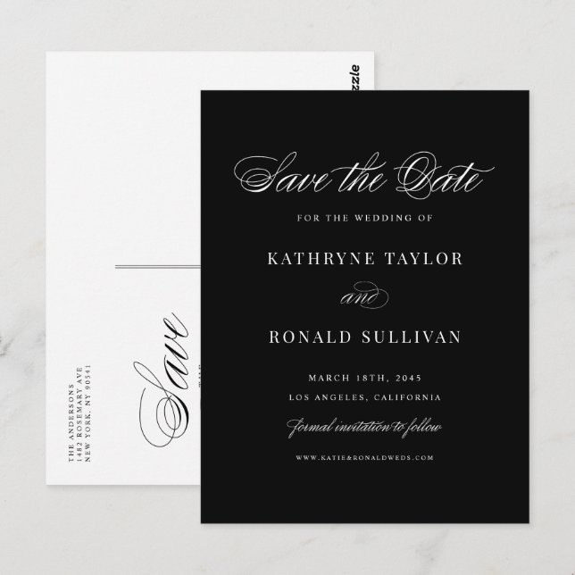 Schwarze klassische Skripttypografie Save the Date Postkarte (Vorne/Hinten)