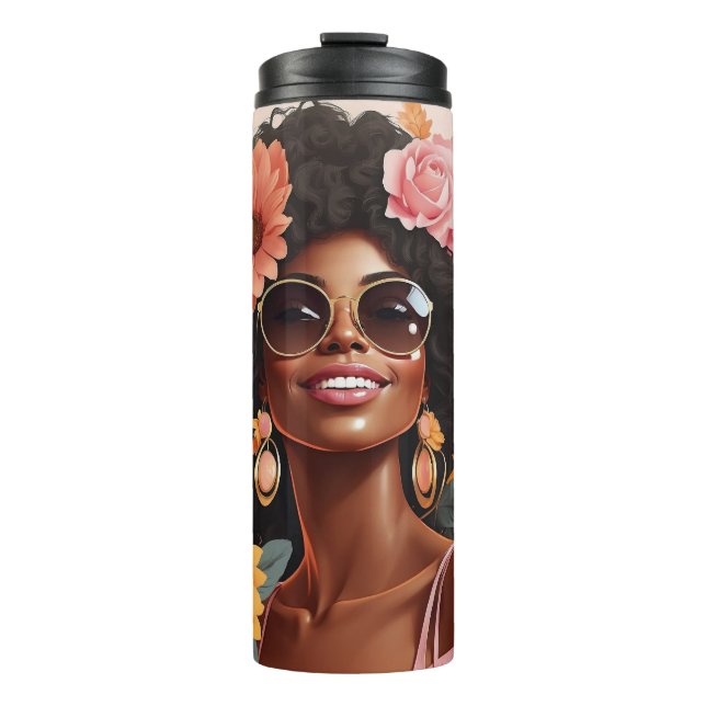 Schwarze Königin, floral afro melanin Blume Liebe Thermosbecher (Vorderseite)