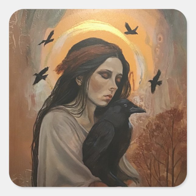 Schwarze Krähe mit Damenaufklebern Quadratischer Aufkleber (Vorderseite)