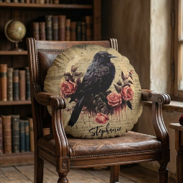 Schwarze Krähe Vintage Rosen, Dunkle Goth Raben Bl Rundes Kissen