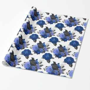 SCHWARZE KRÄHEN KÖNIGSBLAUE ROSEN BLUMEN GOTHIC GESCHENKPAPIER