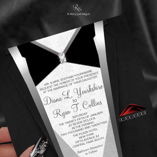 Schwarze Krawatte Diamond Einladung (Black Tie Diamond invitation with elegant wording framed in timeless tuxedo.)