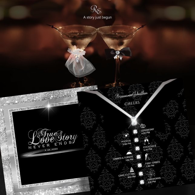 Schwarze Krawatte Diamond Timeline Card Einladung (Black Tie Diamond Timeline Card front and back view showcasing full wedding itinerary design.)
