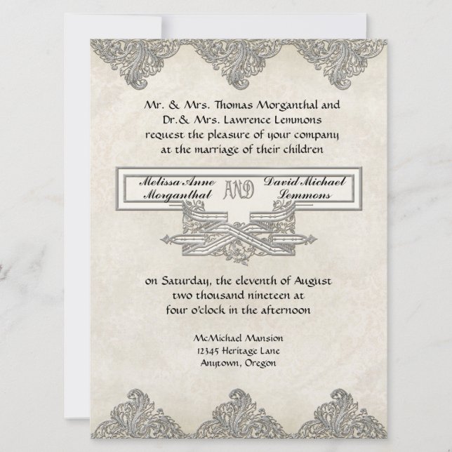 Schwarze Krawatte Elegance 3 - Silver Look Vintag  Einladung (Vorderseite)