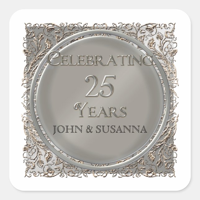 Schwarze Krawatte Elegance, Silberne Hochzeit Jahr Quadratischer Aufkleber (Vorderseite)