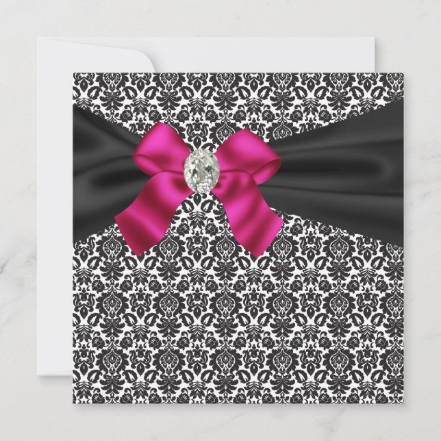 Schwarze Krawatte Party Pink Black Damask Party Ei Einladung (Vorderseite)