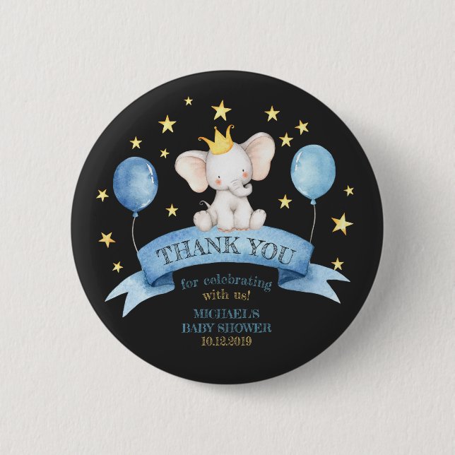 Schwarze Kreide-Elefanten-Baby-Party-Feier Button (Vorderseite)