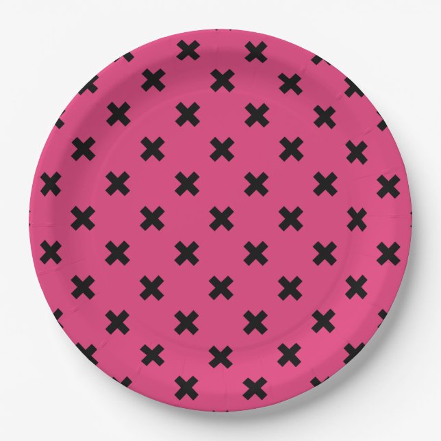 Schwarze Kreuzstiche auf Fuchsia Pappteller (Vorderseite)