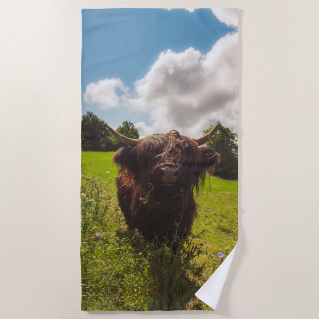 Schwarze Kuh Weide grünes Feld Sonnenlicht Strandtuch (Vorderseite)