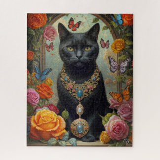 Schwarze Kurzhaarkatze mit Juwelen und Schmetterli Puzzle