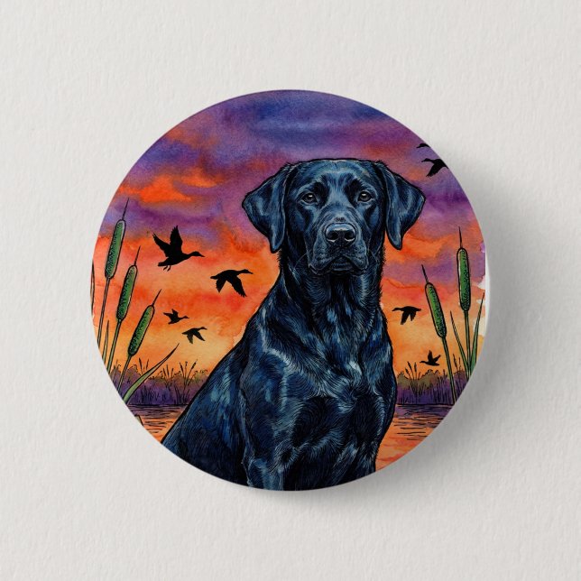 Schwarze Lab-Sonnenuntergangs-Entenjagd-Anstecknad Button (Vorderseite)
