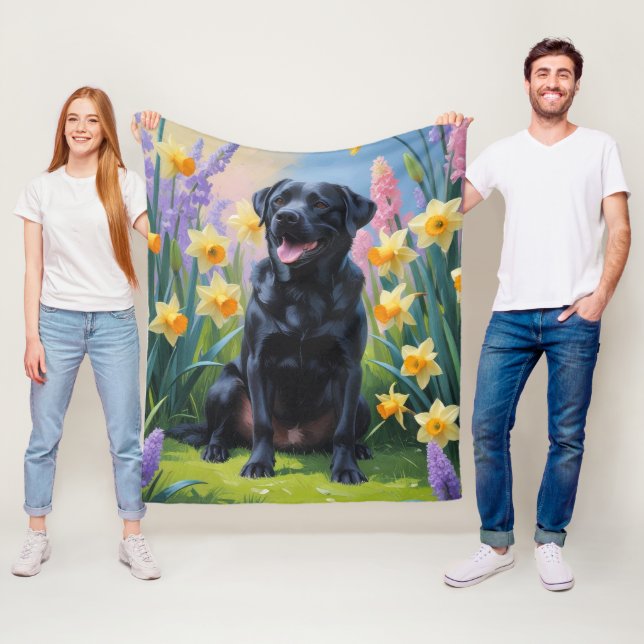 Schwarze Labrador Hunde Frühlingsblumen Malerei Fleecedecke (Beispiel)