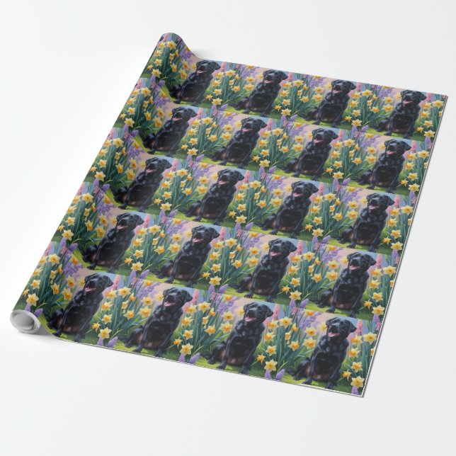 Schwarze Labrador Hunde Frühlingsblumen Malerei Geschenkpapier (Ungerollt)