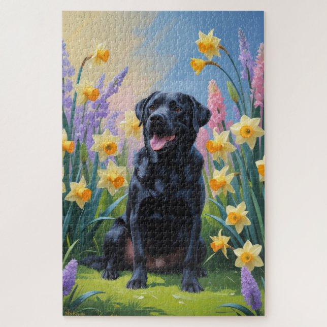 Schwarze Labrador Hunde Frühlingsblumen Malerei Puzzle (Vertikal)