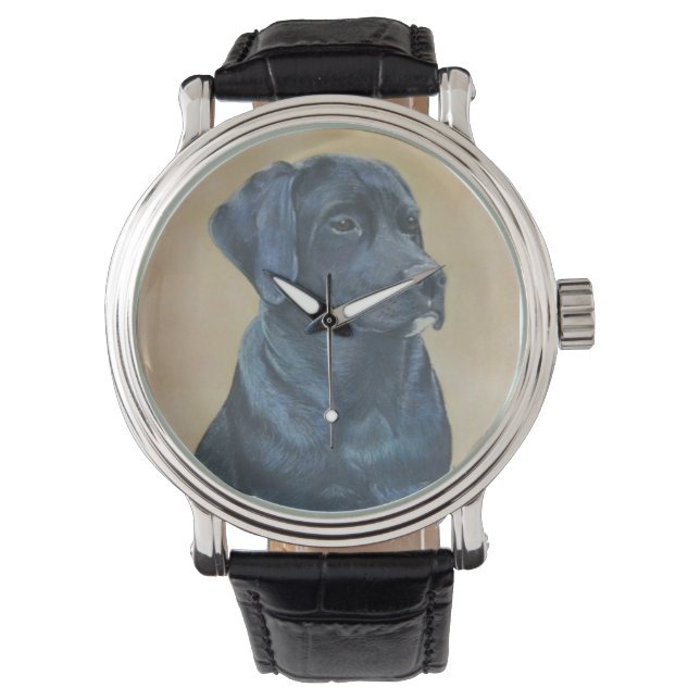 Schwarze Labrador-Hundeportrait, realistische Kuns Armbanduhr (Vorderseite)