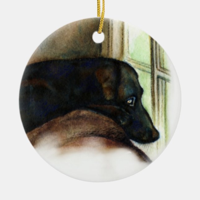 Schwarze Labrador-Hundeverzierung Keramik Ornament (Vorne)
