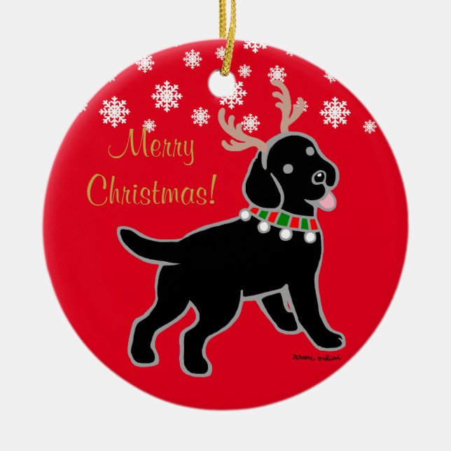 Schwarze Labrador-Weihnachtsgeweihe Keramik Ornament (Vorne)