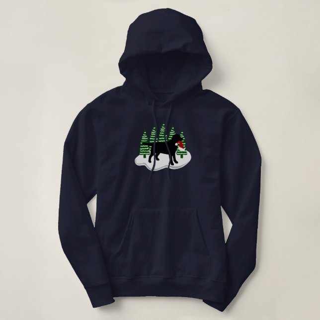 Schwarze Labrador-Weihnachtsimmergrün-Bäume Hoodie (Design vorne)