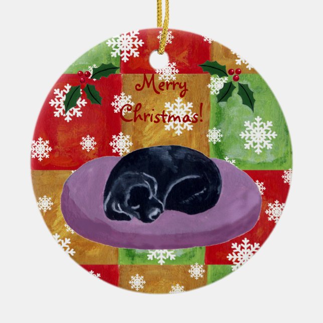 Schwarze Labrador-Weihnachtsmosaik-Schneeflocke Keramik Ornament (Vorne)