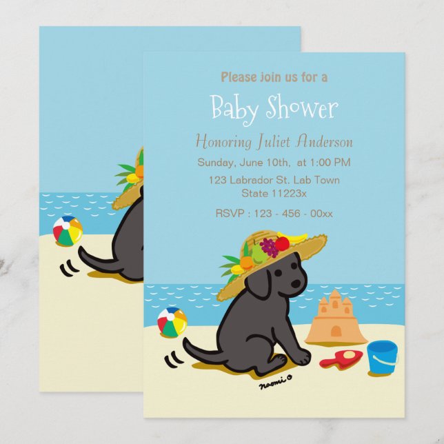 Schwarze Labrador-Welpen-Strohhut-Babyparty Einladung (Vorne/Hinten)