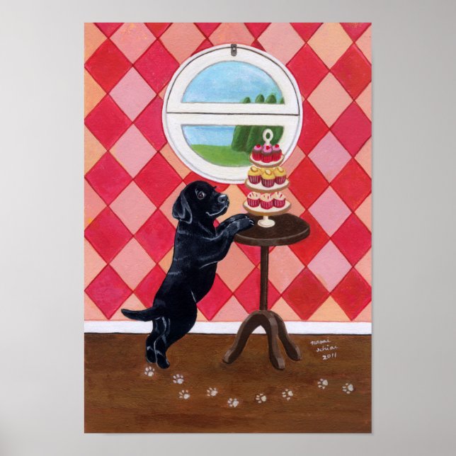 Schwarze Labrador Welpen und Cupcakes Artwork Poster (Vorne)