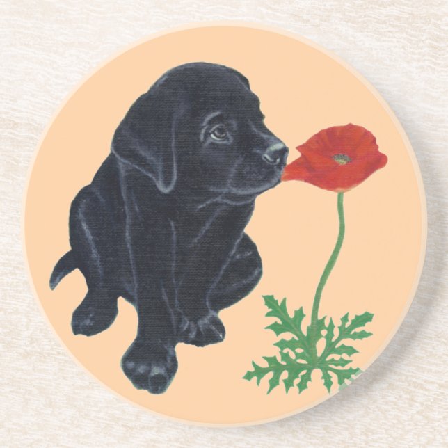 Schwarze Labradorwelpen-u. -mohnblumen-Malerei Getränkeuntersetzer (Vorne)