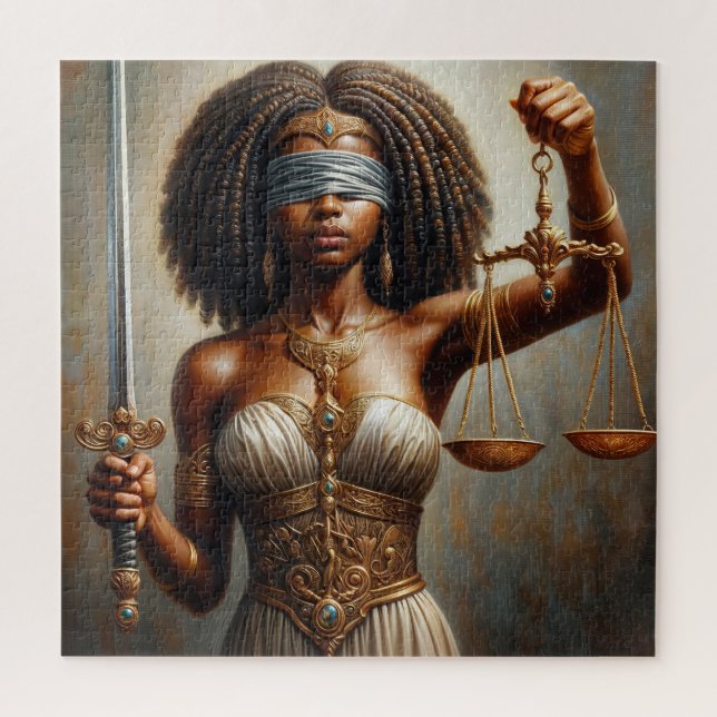 Schwarze Lady Justice mit Waage und Augenbinde Puzzle (Vertikal)