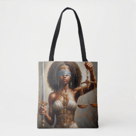 Schwarze Lady Justice mit Waage und Schwert Kunst