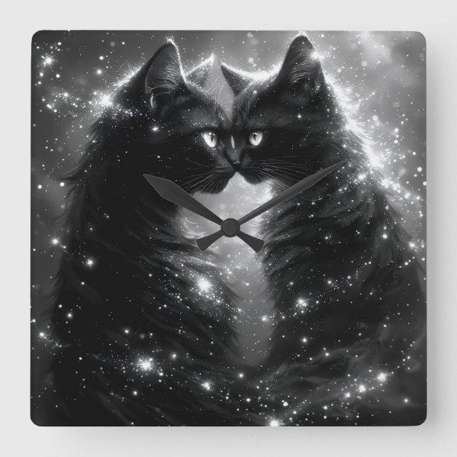 Schwarze Launische Katzenuhr Quadratische Wanduhr (Vorderseite)