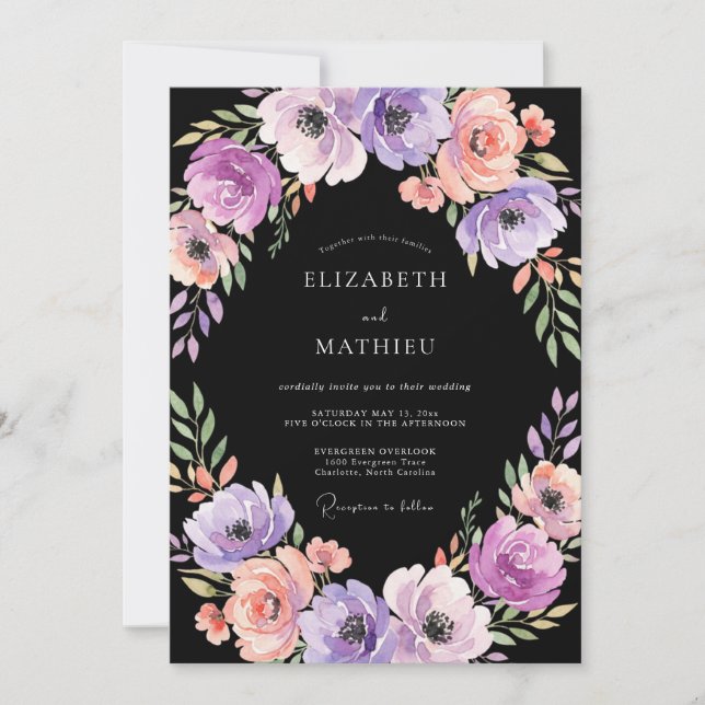 Schwarze Lavendel-Mohn-Hochzeit Einladung (Vorderseite)