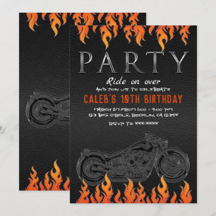 Schwarze Leder Orange Flammen Motorrad Biker Party Einladung