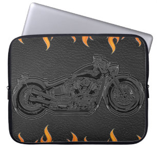 Schwarze Lederoffene Flammen Heißes Feuer Motorrad Laptopschutzhülle