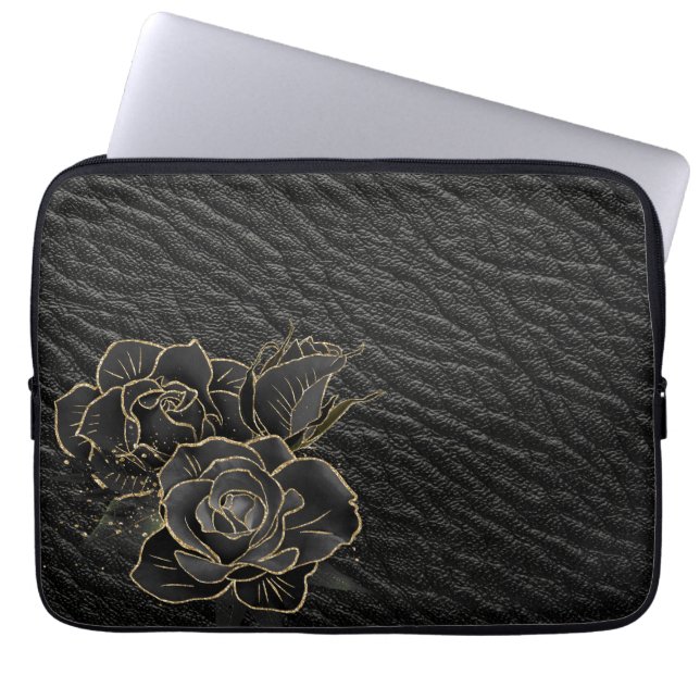 SCHWARZE LEDERSEITE MIT SCHWARZEN GOLD-ROSE AUSSEH LAPTOPSCHUTZHÜLLE (Vorderseite)