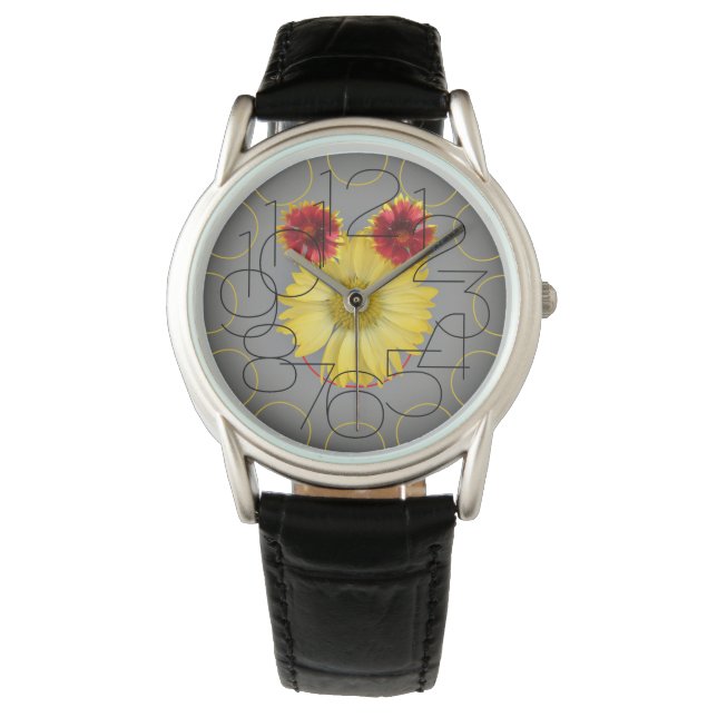 Schwarze Lederuhr mit Blume Armbanduhr (Vorderseite)