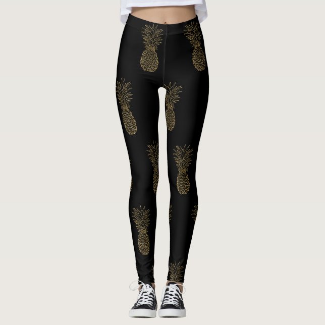 Schwarze Leggings Gold Metallische Ananas (Vorderseite)
