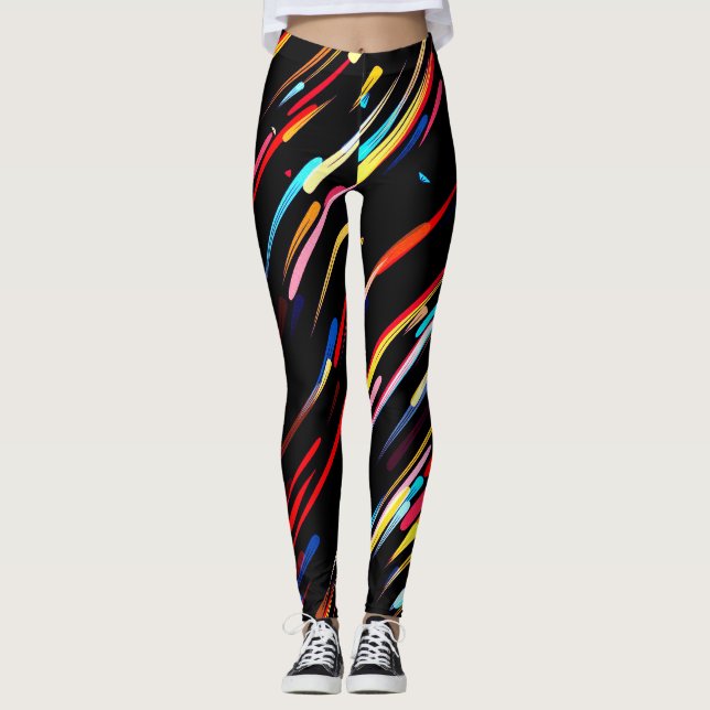 Schwarze Leggings mit farbenfrohen, fallenden Mete (Vorderseite)