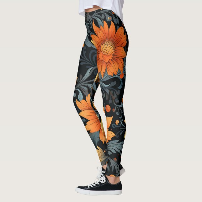 Schwarze Leggings mit lebendigen orangen Blumen  (Links)