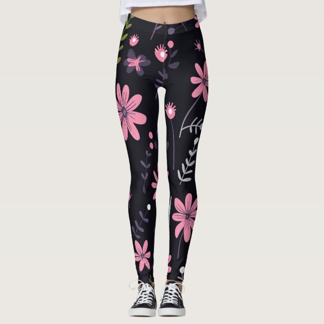 Schwarze Leggings mit rosa Blumendruck - (Vorderseite)