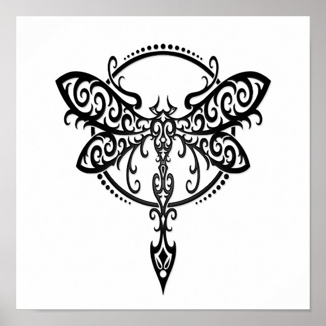 Schwarze Libelle auf Weiß wirbeln Poster (Vorne)