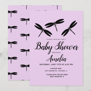 Schwarze Libellen  Lila Babyparty-Einladung Einladung
