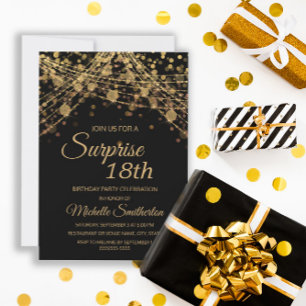 Schwarze Lichterkette mit Gold überrascht zum 18. Einladung