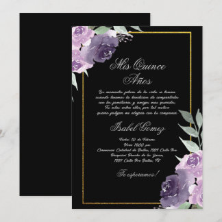 Schwarze Lila Blume Quinceanera Einladung