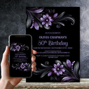 Schwarze lila Blumenparty zum 50. Geburtstag Einladung